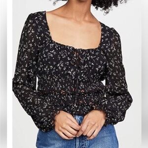 Free People Black Floral Smocked Long Sleeve Blouse